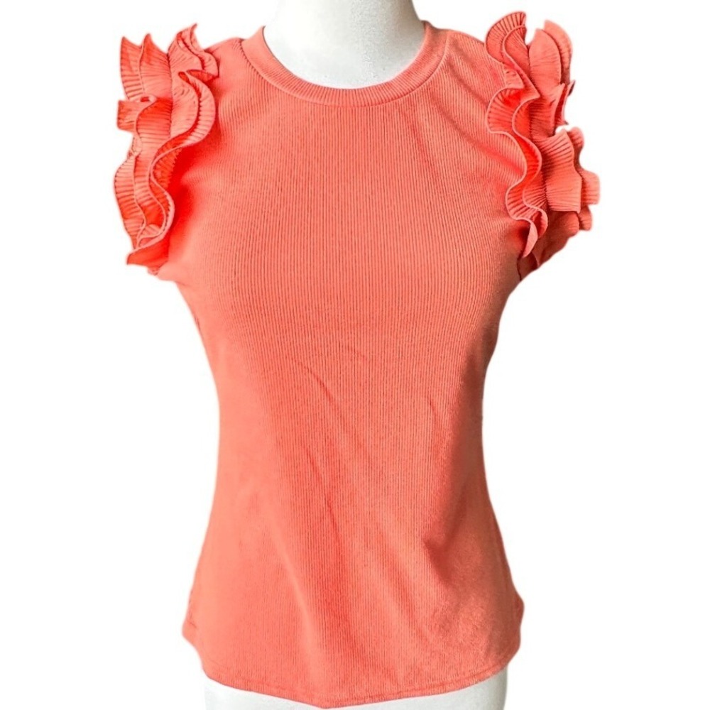 Mesh+Lace Orange Coral Double Ruffle Shoulder Cap Sleeve Ribbed Tshirt Medium
